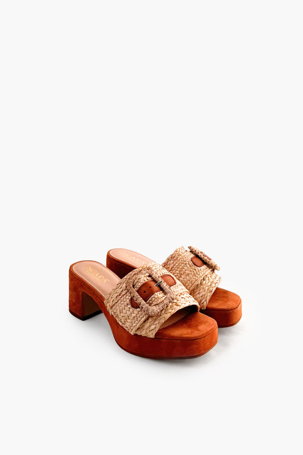 SUEDE CHUNKY HEELS WITH RAFFIA BAND AND BUCKLE - SHOES - SCAPA FASHION - SCAPA OFFICIAL