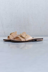LEATHER SLIPPER WITH BUCCLE AND STUD DETAIL - WHITE AND SAND - SHOES - SCAPA FASHION - SCAPA OFFICIAL