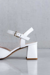 LEATHER HEEL SANDAL WITH FINE BUCKLE - WHITE /SAND - SHOES - SCAPA FASHION - SCAPA OFFICIAL