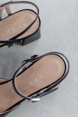 LEATHER HEEL WITH OPEN TOE DETAIL - NAVY/PINK