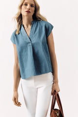 COTTON V-LINE SHIRT SIMONE - DENIM BLUE - SHIRTS - SCAPA FASHION - SCAPA OFFICIAL