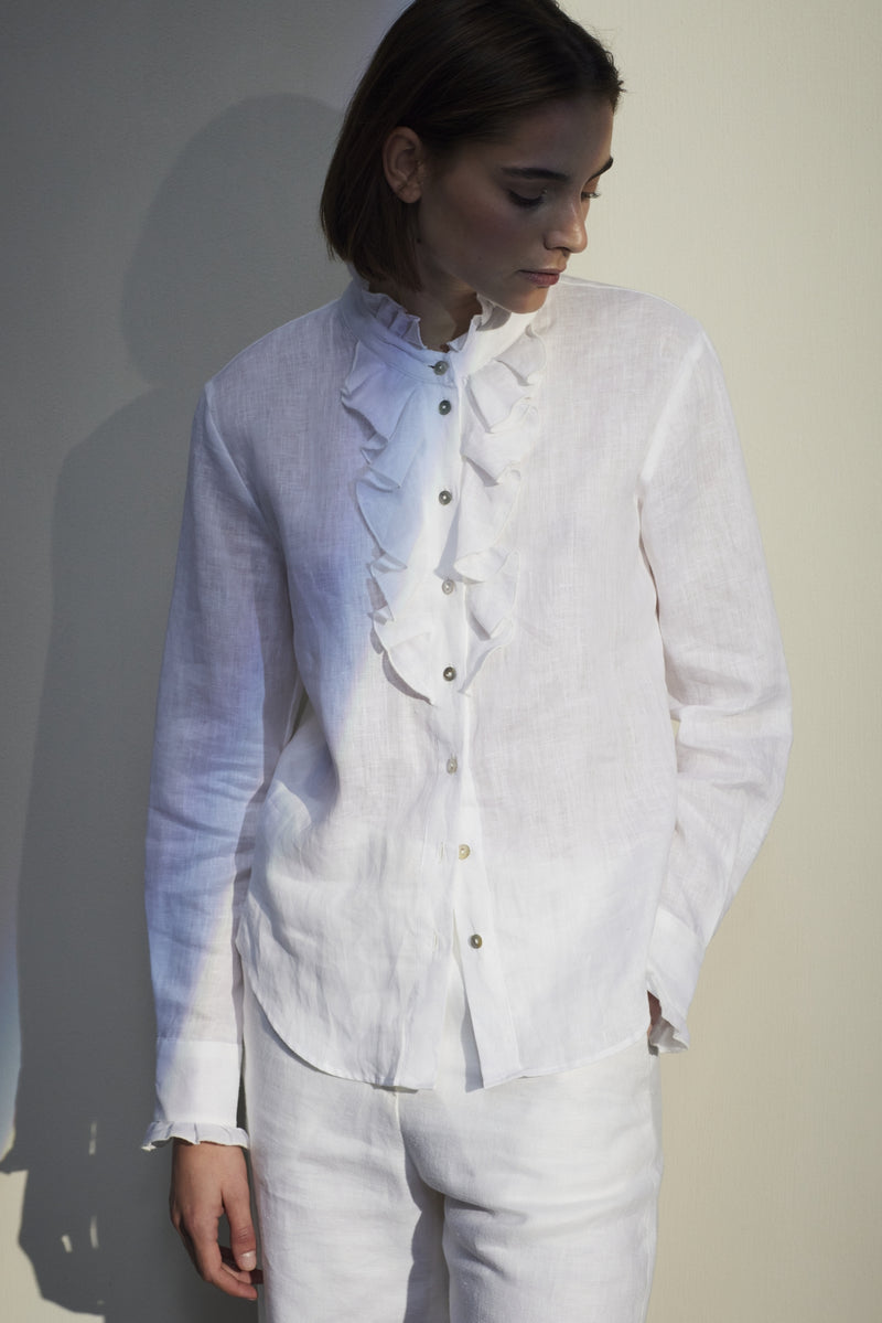 PINK AND BLUE LINEN RUFFLED SHIRT CLAUDETTE - Shirts - SCAPA FASHION - SCAPA OFFICIAL