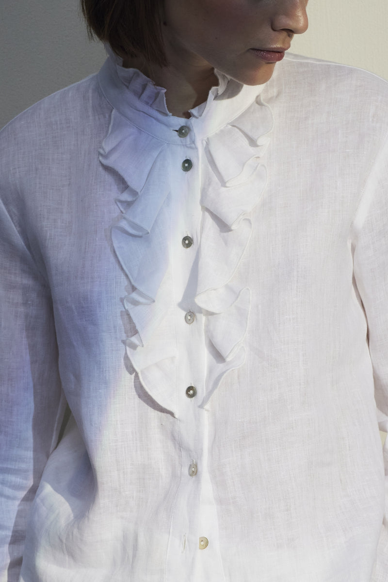 PINK AND BLUE LINEN RUFFLED SHIRT CLAUDETTE - Shirts - SCAPA FASHION - SCAPA OFFICIAL