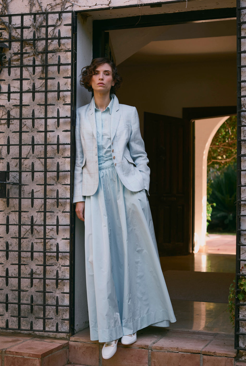 TAFFETA SKIRT ODINA - LIGHT BLUE AND WINE - SKIRTS - SCAPA FASHION - SCAPA OFFICIAL