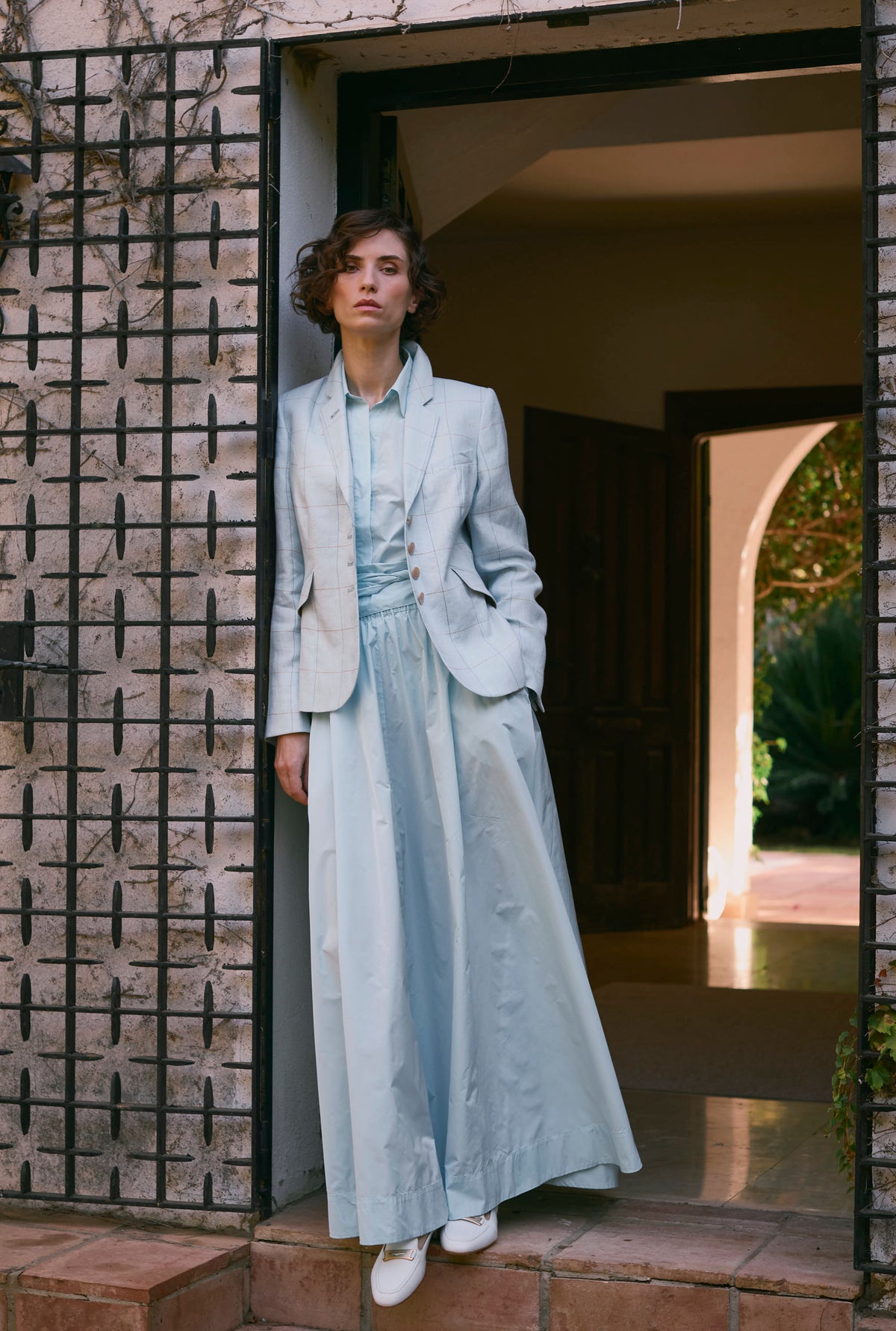 TAFFETA SKIRT ODINA - LIGHT BLUE AND WINE - SKIRTS - SCAPA FASHION - SCAPA OFFICIAL