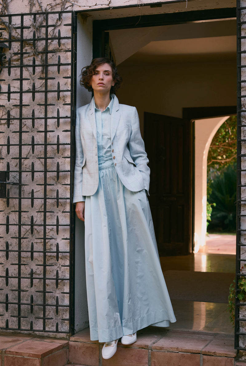 TAFFETA SKIRT ODINA - LIGHT BLUE AND WINE - SKIRTS - SCAPA FASHION - SCAPA OFFICIAL