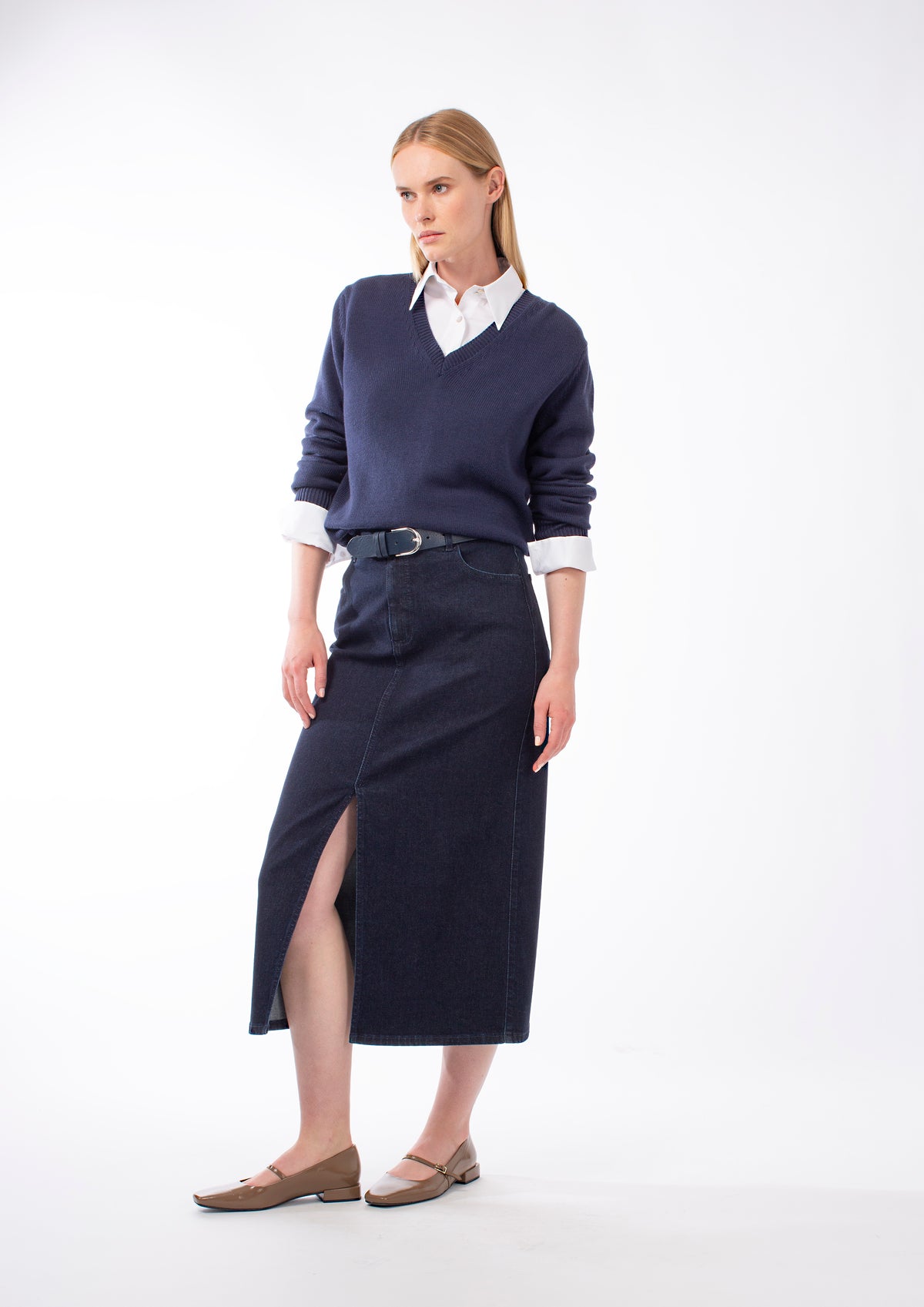 DARK DENIM FRONT SPLIT SKIRT MERYN - SKIRTS - SCAPA FASHION - SCAPA OFFICIAL
