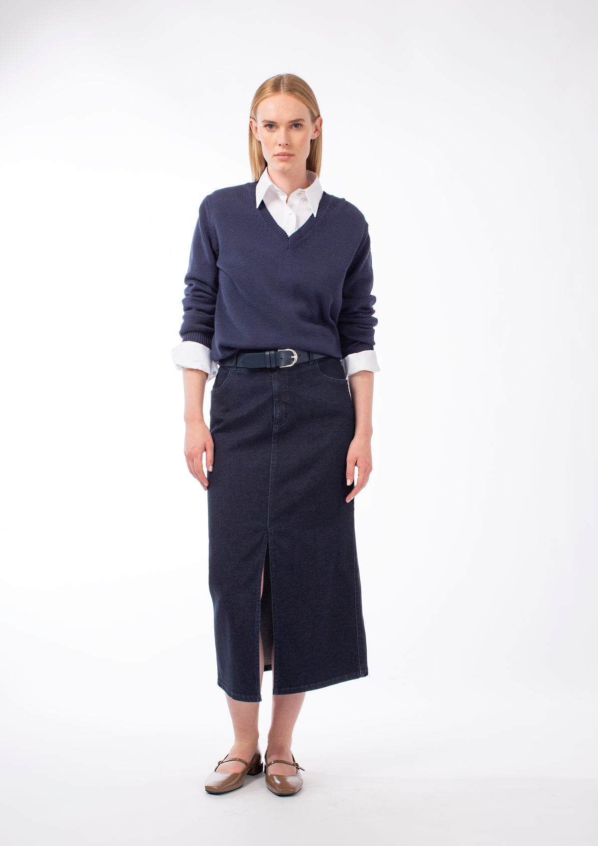 DARK DENIM FRONT SPLIT SKIRT MERYN - SKIRTS - SCAPA FASHION - SCAPA OFFICIAL