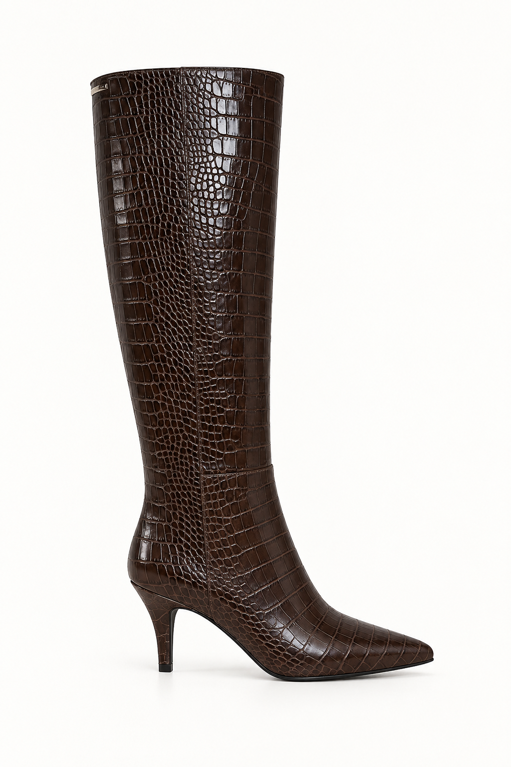 KNEE-HIGH CROCO LEATHER BOOTS - DARK BROWN - SHOES - SCAPA FASHION - SCAPA OFFICIAL