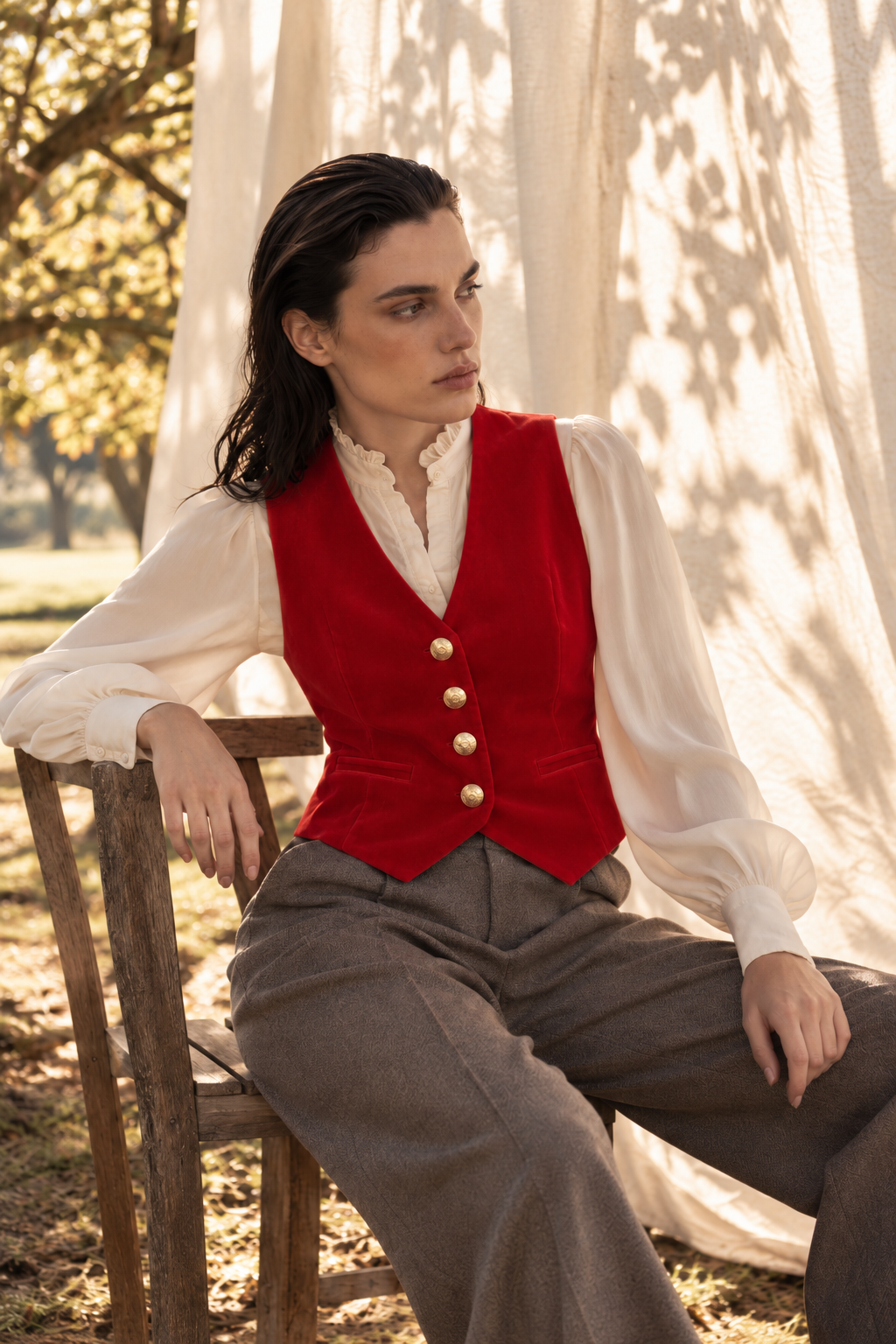 VELOURS  WAISTCOAT JANE - NEW RED - GILETS - SCAPA FASHION - SCAPA OFFICIAL