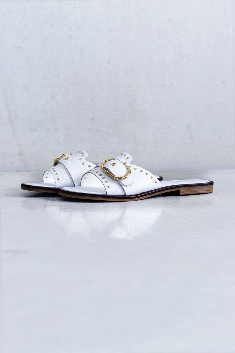 LEATHER SLIPPER WITH BUCCLE AND STUD DETAIL - WHITE AND SAND - SHOES - SCAPA FASHION - SCAPA OFFICIAL