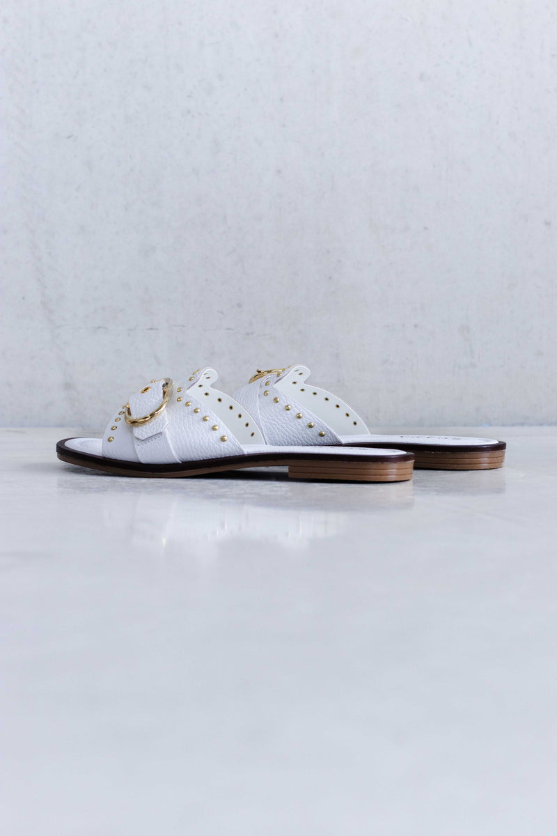 LEATHER SLIPPER WITH BUCCLE AND STUD DETAIL - WHITE AND SAND - SHOES - SCAPA FASHION - SCAPA OFFICIAL