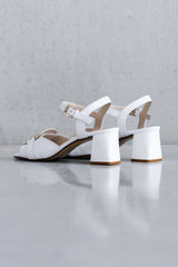 LEATHER HEEL SANDAL WITH FINE BUCKLE - WHITE /SAND - SHOES - SCAPA FASHION - SCAPA OFFICIAL
