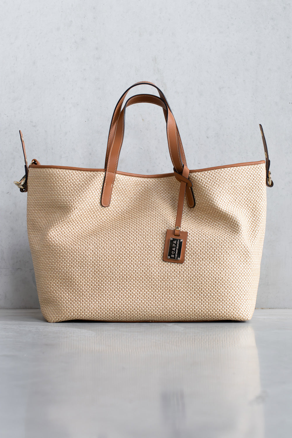 WOVEN HANDBAG -  OFF WHITE/COGNAC - BAGS - SCAPA FASHION - SCAPA OFFICIAL