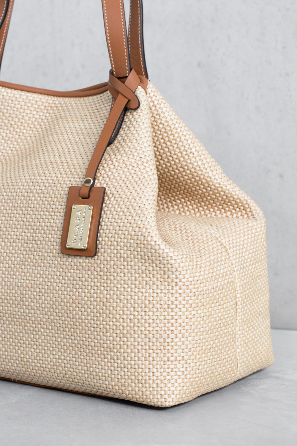 WOVEN HANDBAG -  OFF WHITE/COGNAC - BAGS - SCAPA FASHION - SCAPA OFFICIAL