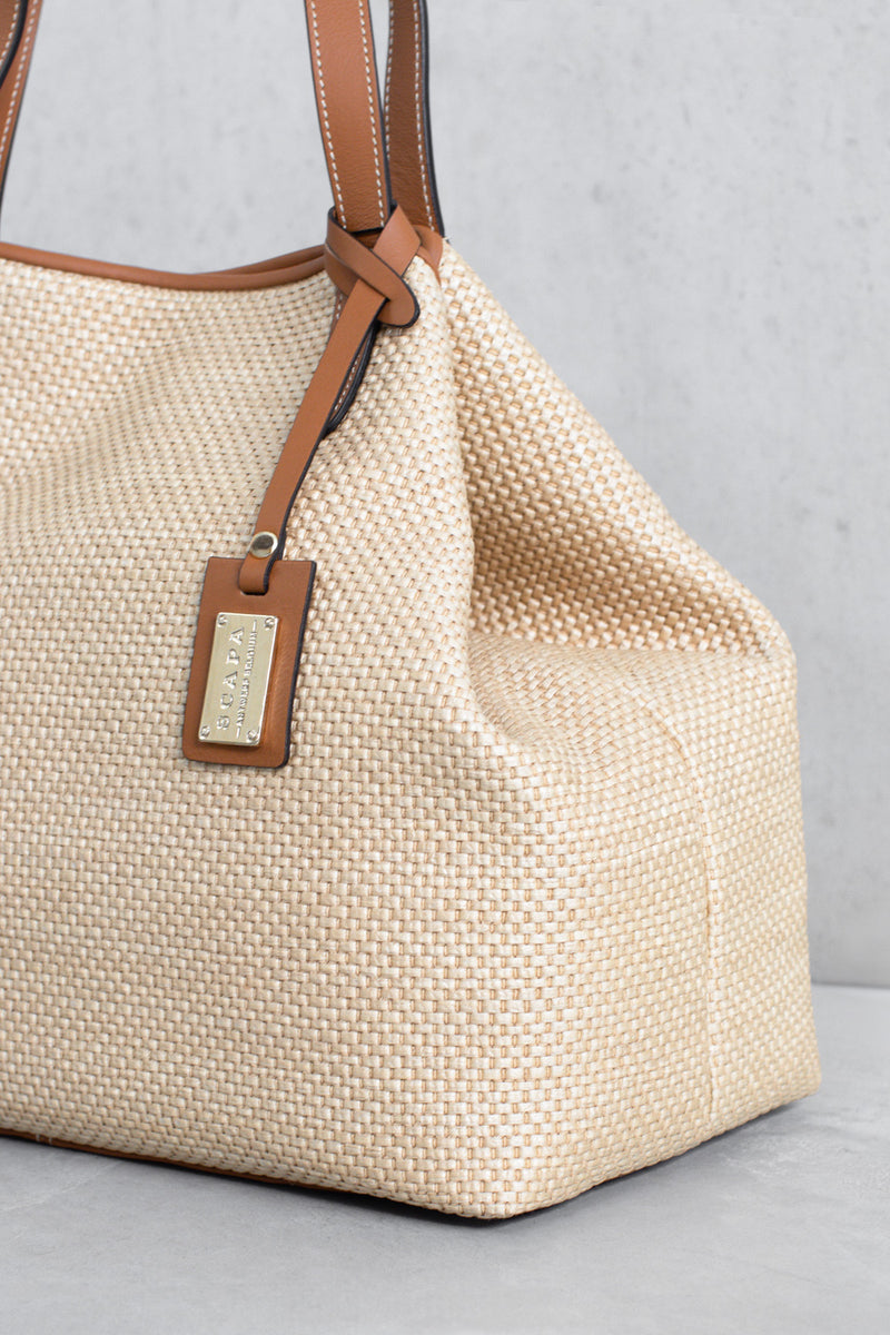 WOVEN HANDBAG -  OFF WHITE/COGNAC - BAGS - SCAPA FASHION - SCAPA OFFICIAL