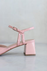LEATHER HEEL WITH OPEN TOE DETAIL - NAVY/PINK