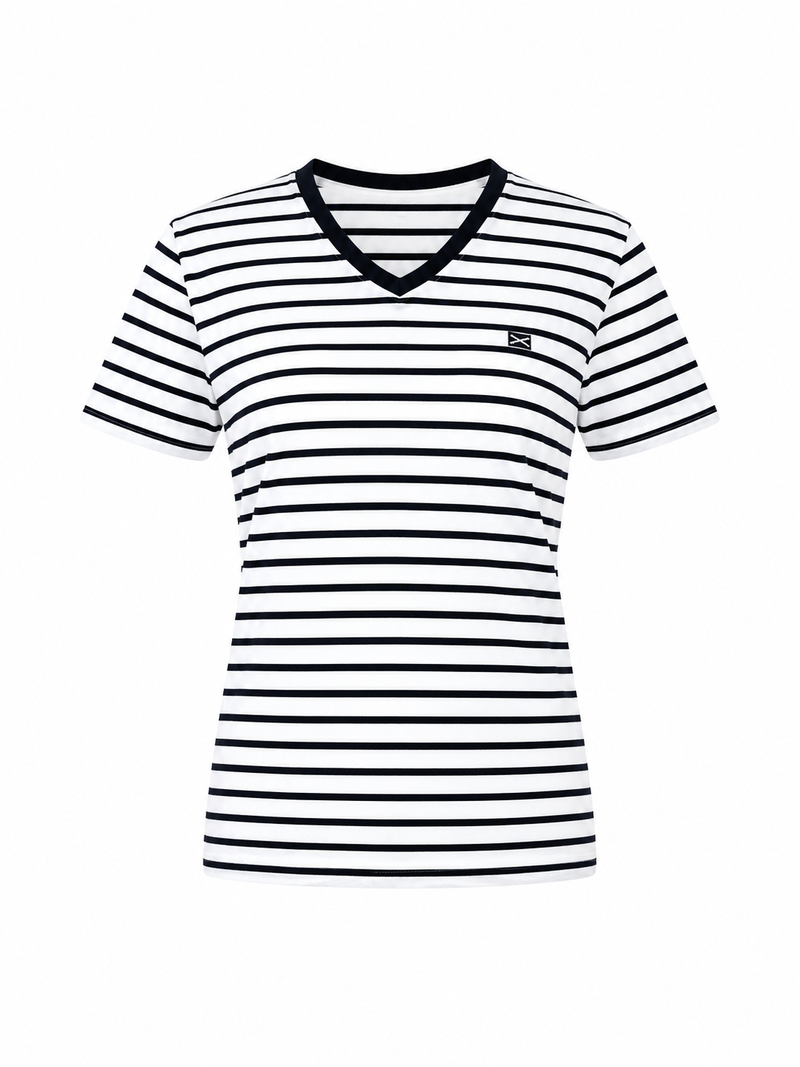 COTTON V-NECK T-SHIRT GITTE SHORT SLEEVES - NAVY STRIPES