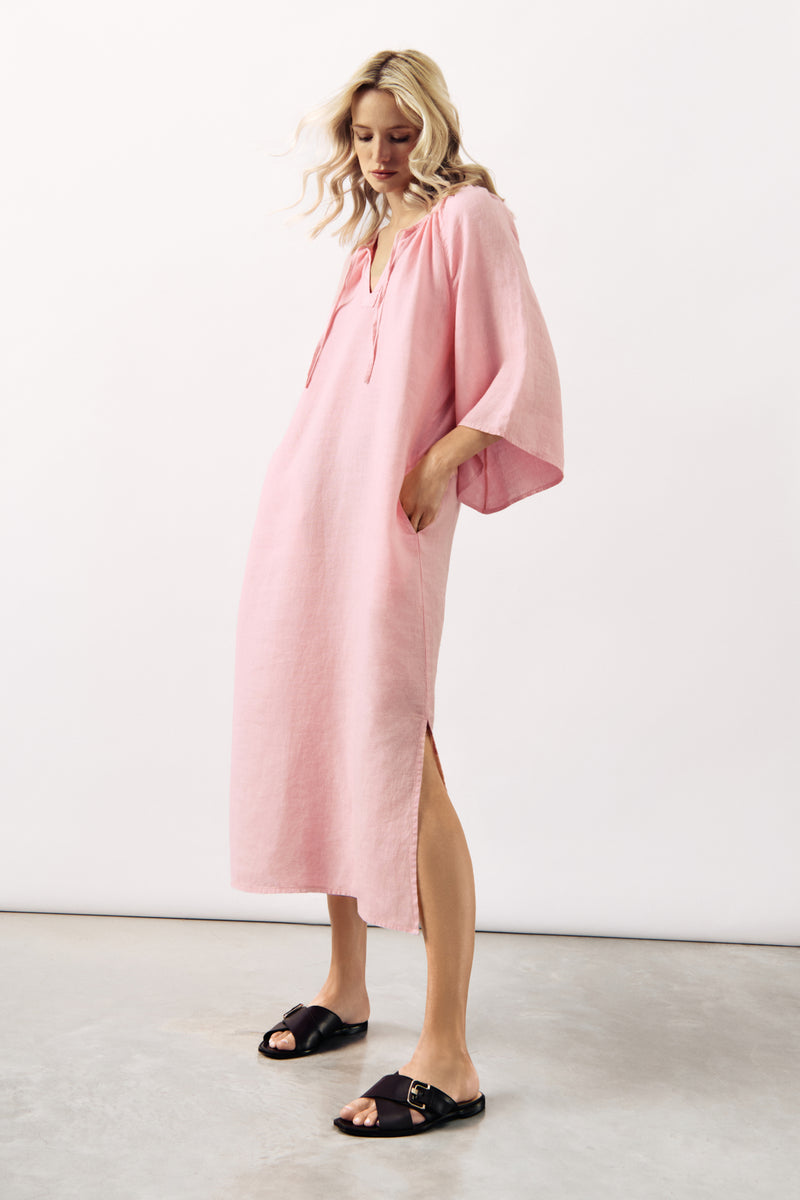 RELAXED LINEN MIDI DRESS KATYA - LIGHT PINK AND SAND - DRESSES - SCAPA FASHION - SCAPA OFFICIAL