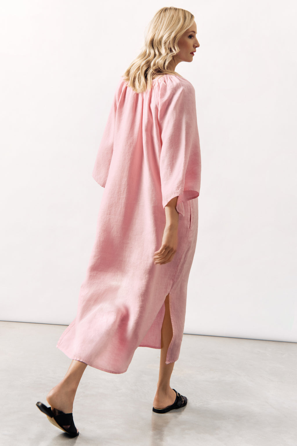 RELAXED LINEN MIDI DRESS KATYA - LIGHT PINK AND SAND - DRESSES - SCAPA FASHION - SCAPA OFFICIAL