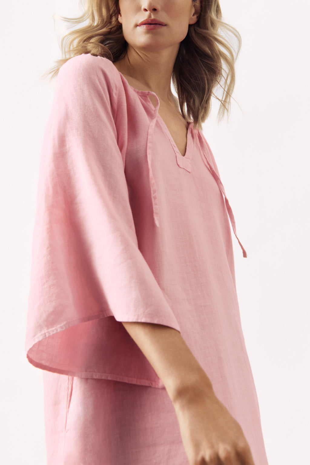 RELAXED LINEN MIDI DRESS KATYA - LIGHT PINK AND SAND - DRESSES - SCAPA FASHION - SCAPA OFFICIAL