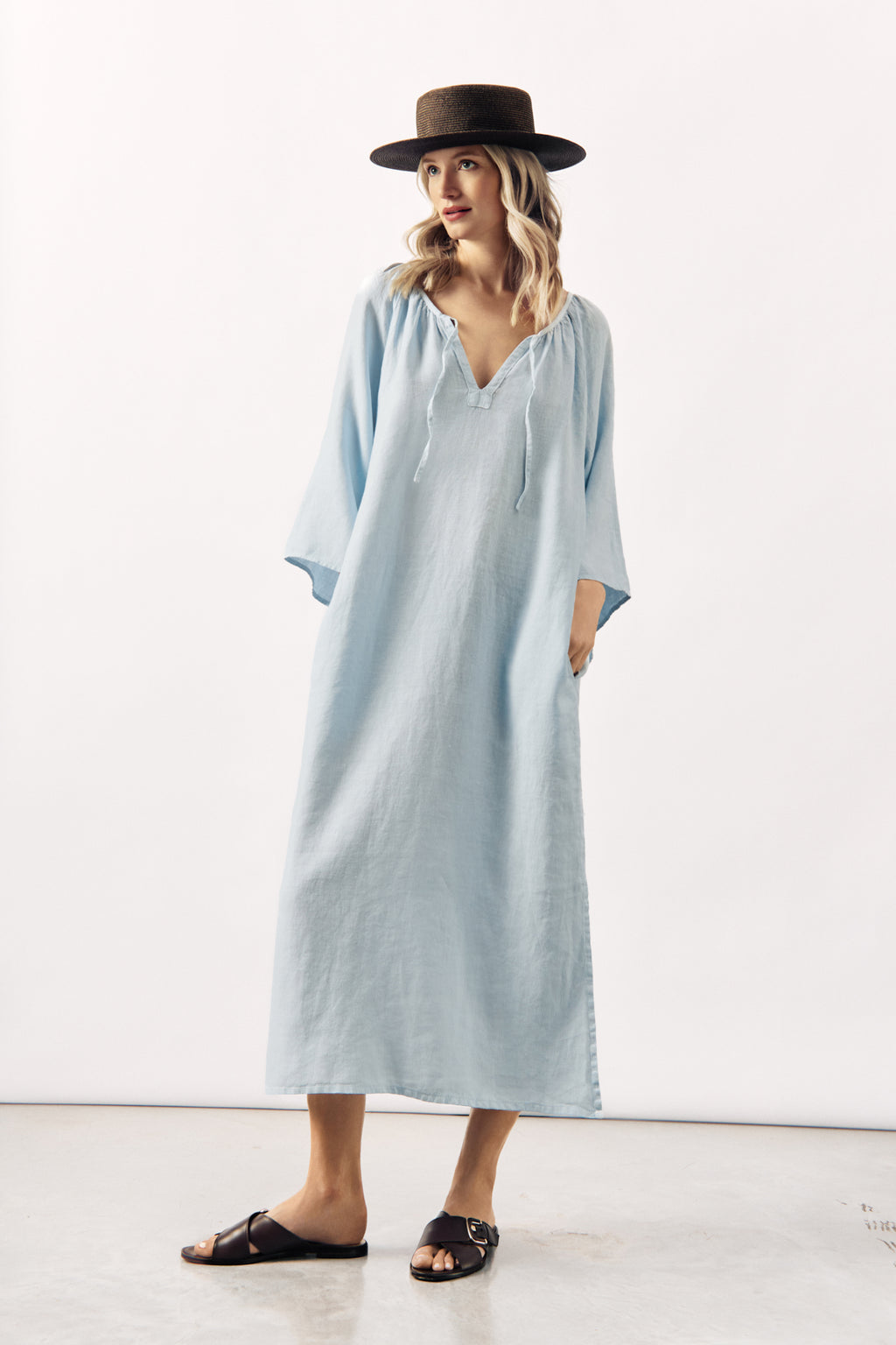 RELAXED LINEN MIDI DRESS KATYA - WHITE AND LIGHT BLUE - DRESSES - SCAPA FASHION - SCAPA OFFICIAL