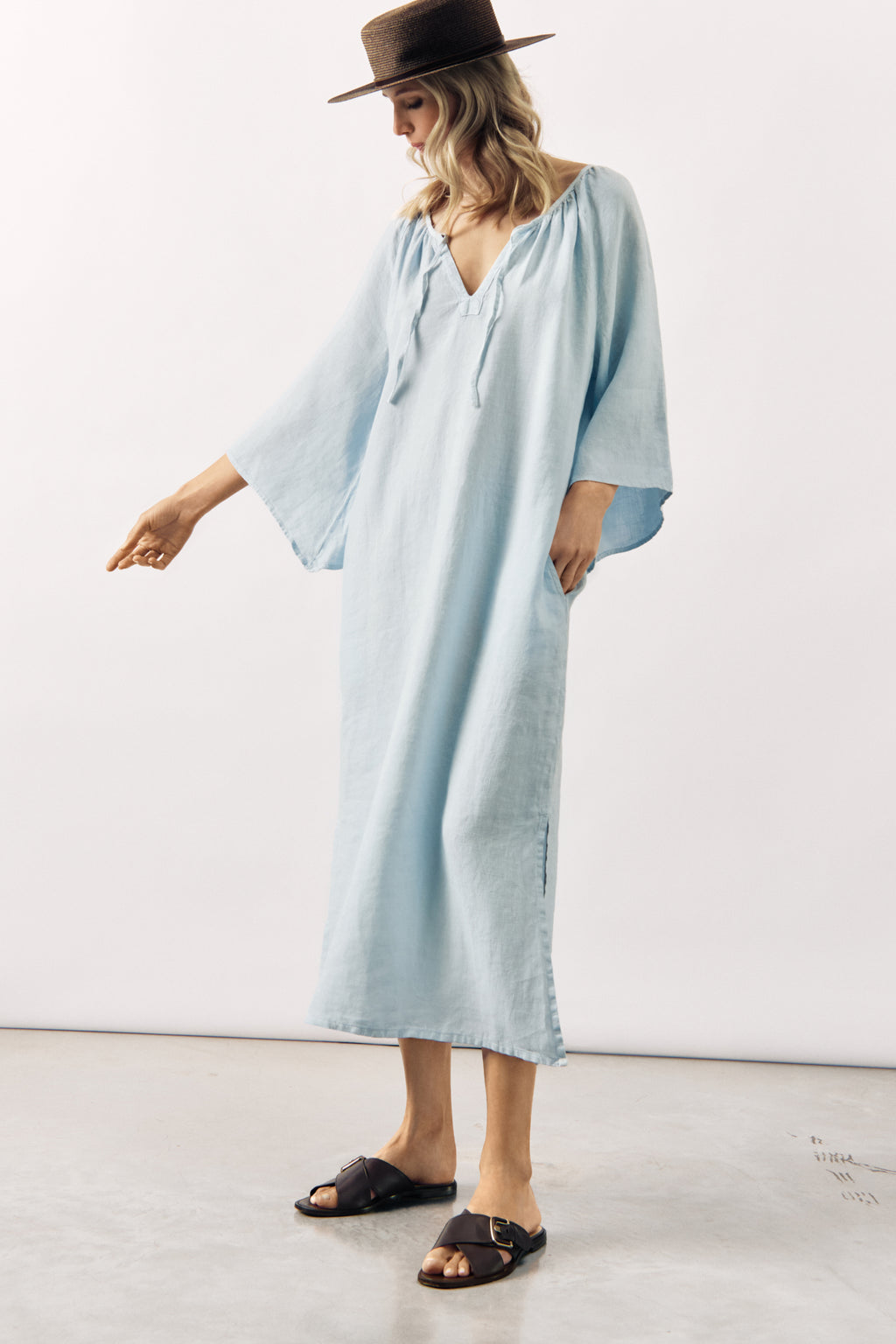 RELAXED LINEN MIDI DRESS KATYA - WHITE AND LIGHT BLUE - DRESSES - SCAPA FASHION - SCAPA OFFICIAL