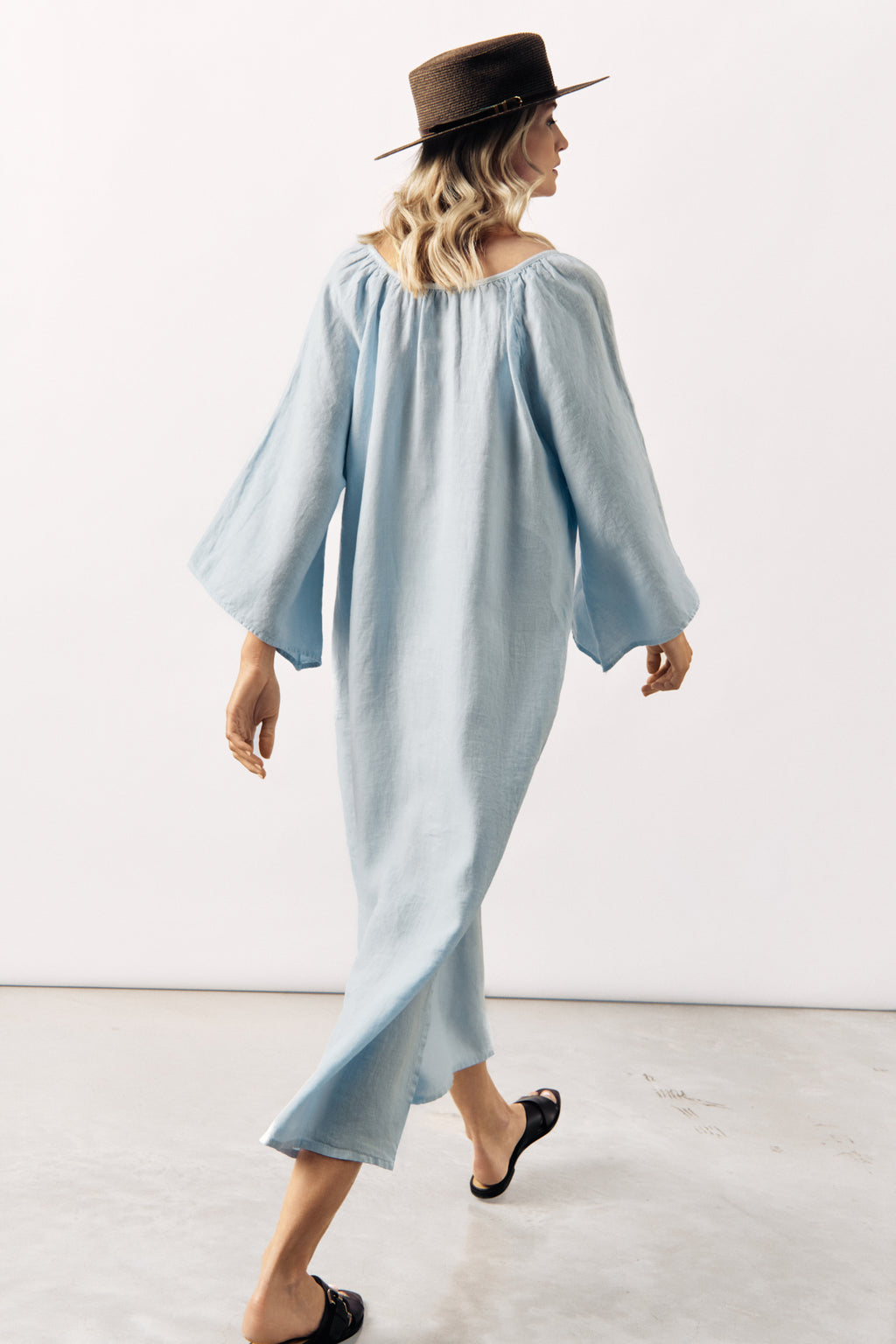 RELAXED LINEN MIDI DRESS KATYA - WHITE AND LIGHT BLUE - DRESSES - SCAPA FASHION - SCAPA OFFICIAL