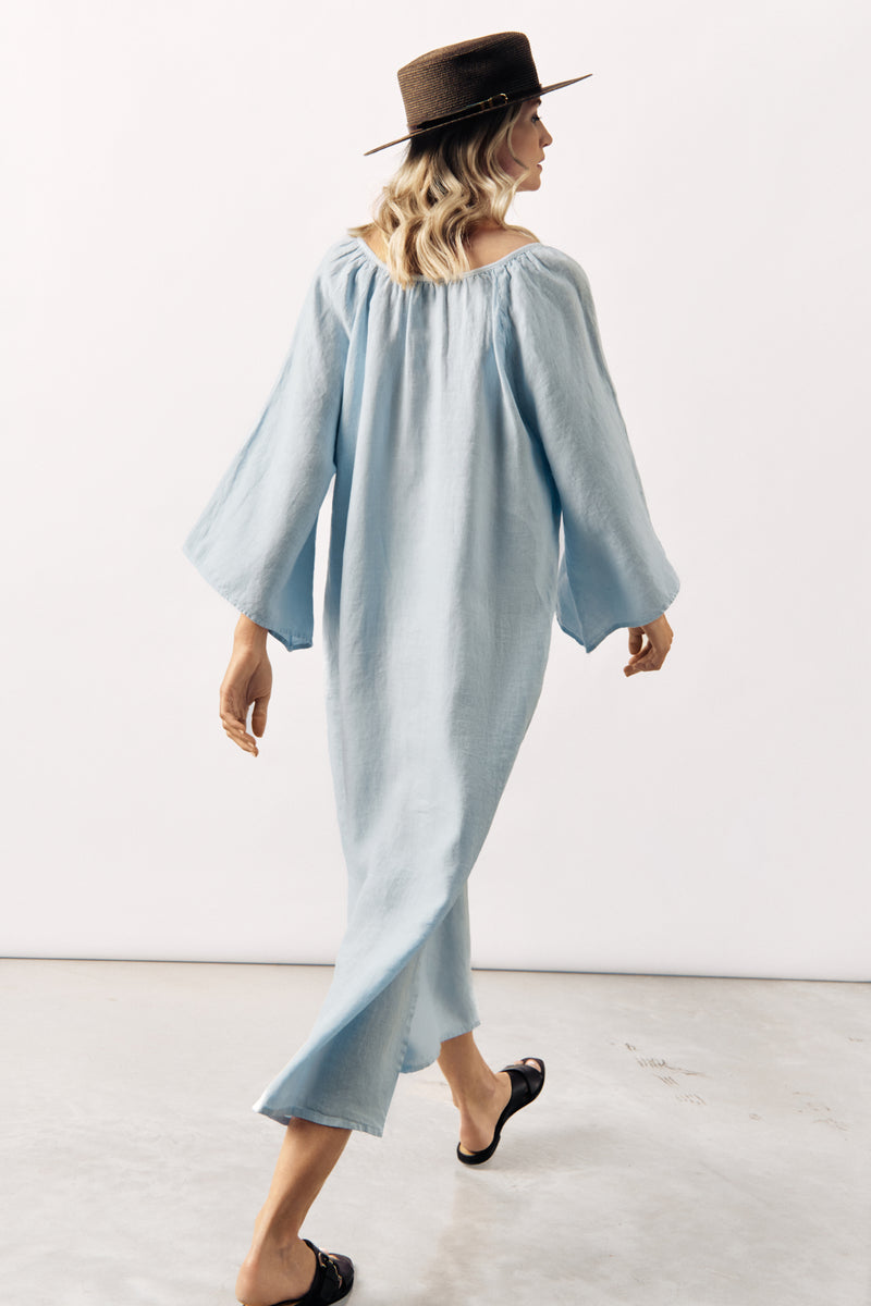 RELAXED LINEN MIDI DRESS KATYA - WHITE AND LIGHT BLUE - DRESSES - SCAPA FASHION - SCAPA OFFICIAL