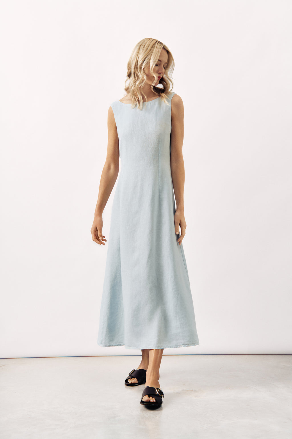 SLEEVELESS LINEN MIDI DRESS SOLEINE - WHITE/LIGHT PINK/ LIGHT BLUE - DRESSES - SCAPA FASHION - SCAPA OFFICIAL