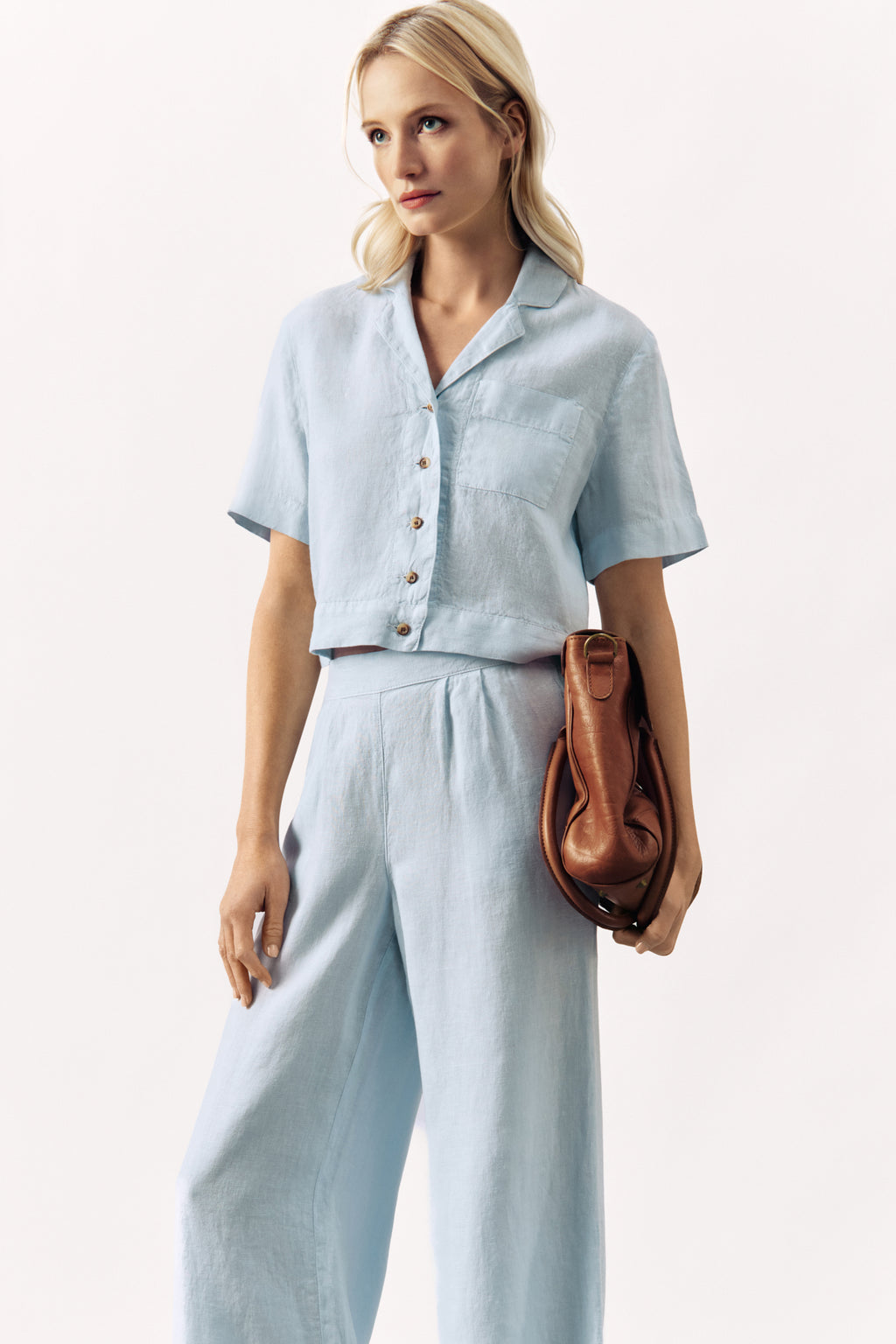 CROPPED  LINEN SHIRT SERINA - WHITE/LT BLUE/KHAKI - SHIRTS - SCAPA FASHION - SCAPA OFFICIAL