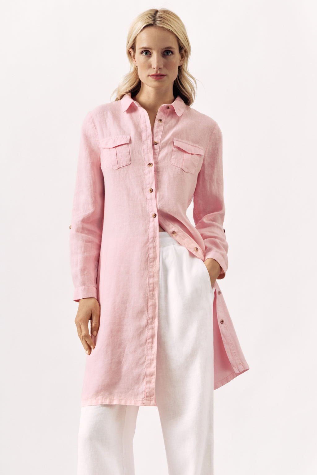LONG LINEN DRESS TOPOS - WHITE AND PINK - DRESSES - SCAPA FASHION - SCAPA OFFICIAL