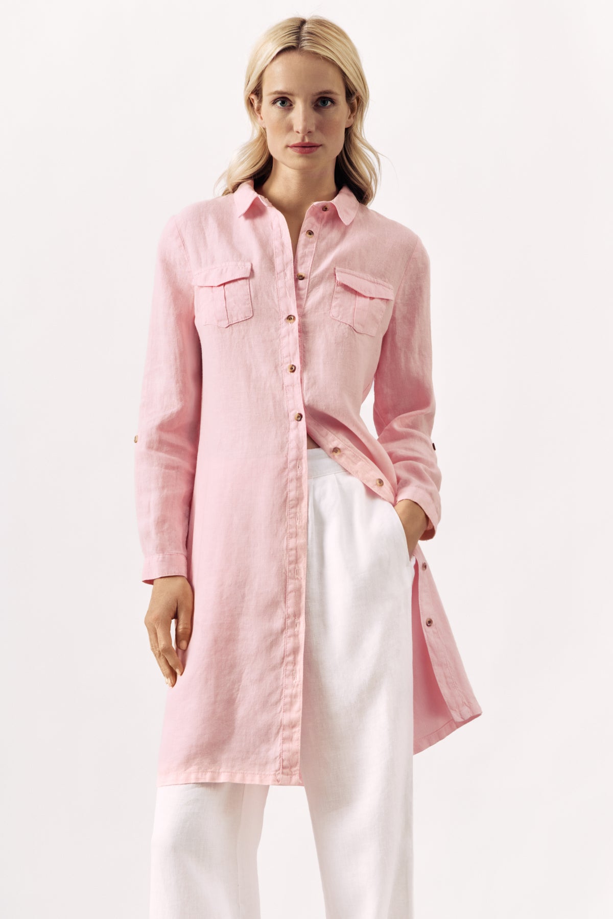 LONG LINEN DRESS TOPOS - WHITE AND PINK - DRESSES - SCAPA FASHION - SCAPA OFFICIAL
