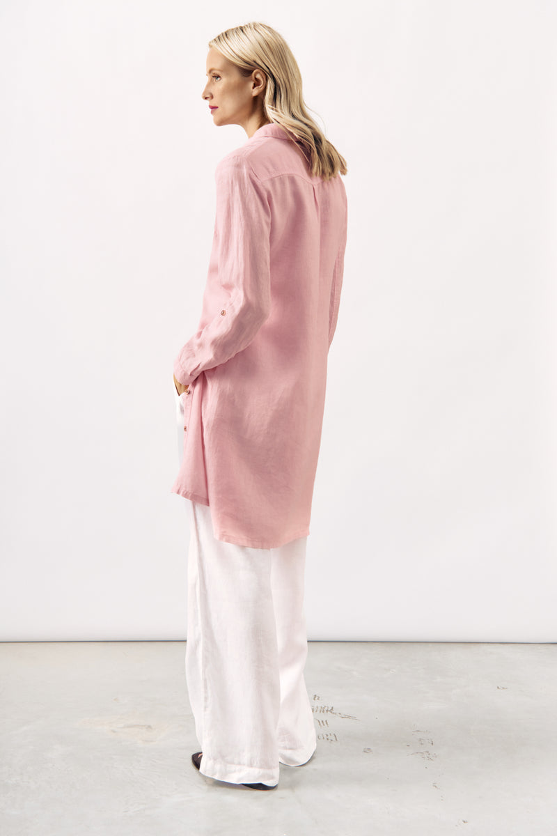 LONG LINEN DRESS TOPOS - WHITE AND PINK - DRESSES - SCAPA FASHION - SCAPA OFFICIAL