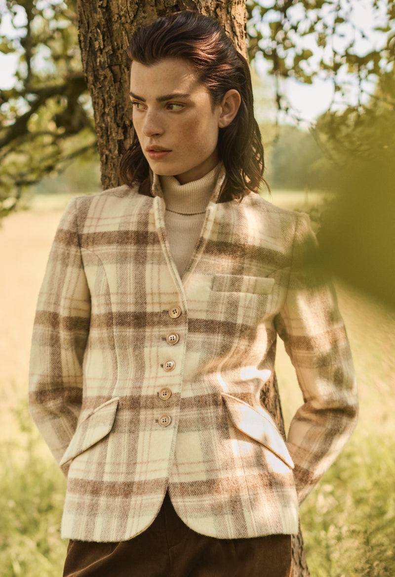 WOOL TARTAN JACKET MONDAY - TAUPE - JACKETS - SCAPA FASHION - SCAPA OFFICIAL