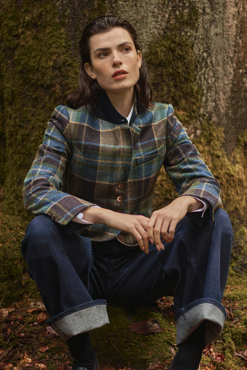 WOOL TARTAN JACKET MONDAY - BLUE - JACKETS - SCAPA FASHION - SCAPA OFFICIAL