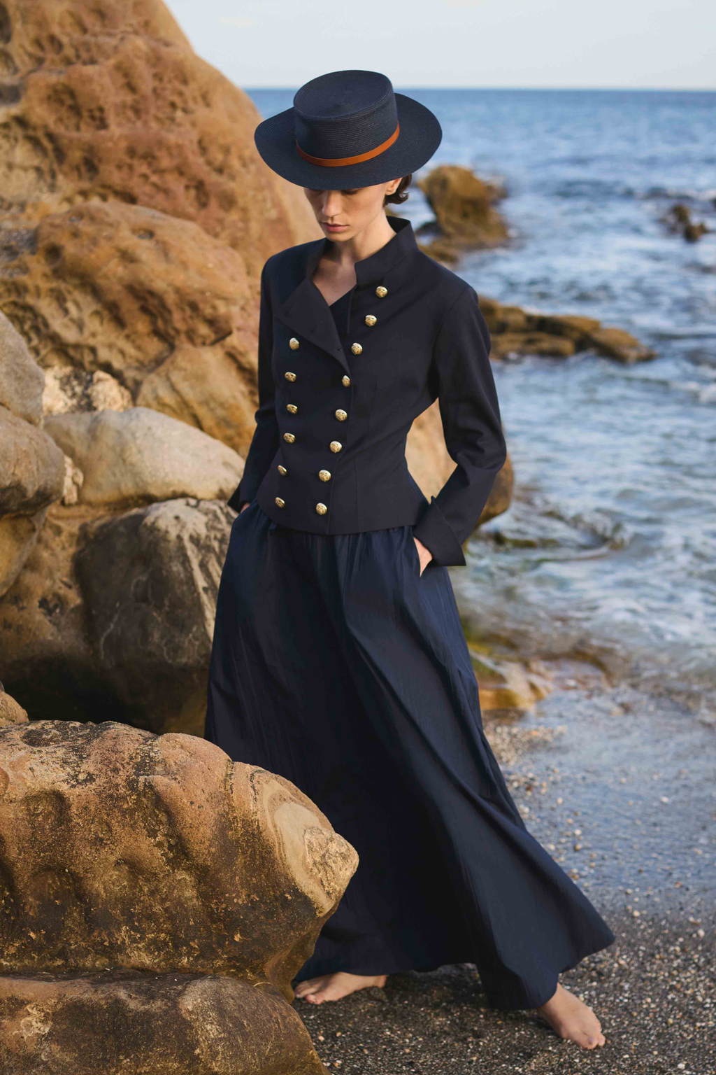 CRINKLED COTTON SKIRT ODINA - NAVY AND WHITE - SKIRTS - SCAPA FASHION - SCAPA OFFICIAL