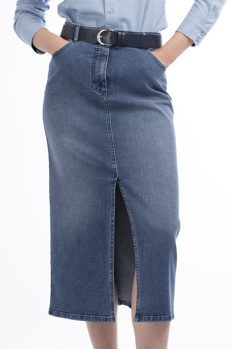 BLUE DENIM FRONT SPLIT SKIRT MERYN - SKIRTS - SCAPA FASHION - SCAPA OFFICIAL