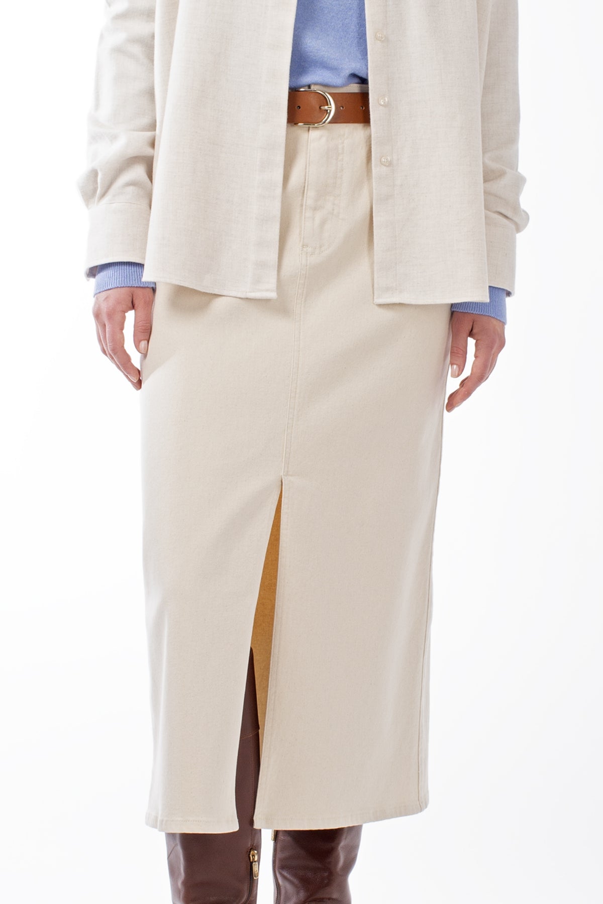 COTTON STRETCH TWILL DENIM FRONT SPLIT SKIRT MERYN - SKIRTS - SCAPA FASHION - SCAPA OFFICIAL