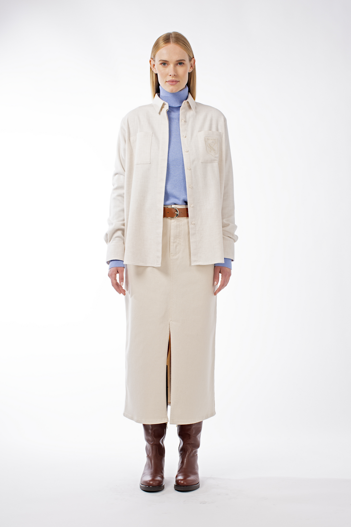 COTTON STRETCH TWILL DENIM FRONT SPLIT SKIRT MERYN - SKIRTS - SCAPA FASHION - SCAPA OFFICIAL