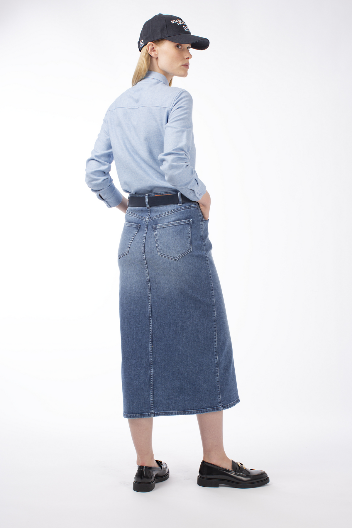 BLUE DENIM FRONT SPLIT SKIRT MERYN - SKIRTS - SCAPA FASHION - SCAPA OFFICIAL